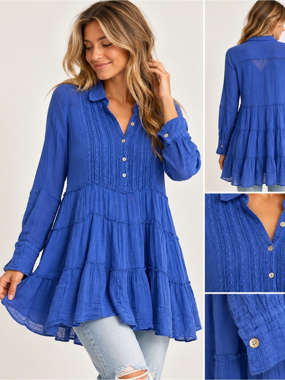 Free People FP One Tuxedo Tunic Top Blue 100% Cotton Gauze Boho Long Sleeve XS
